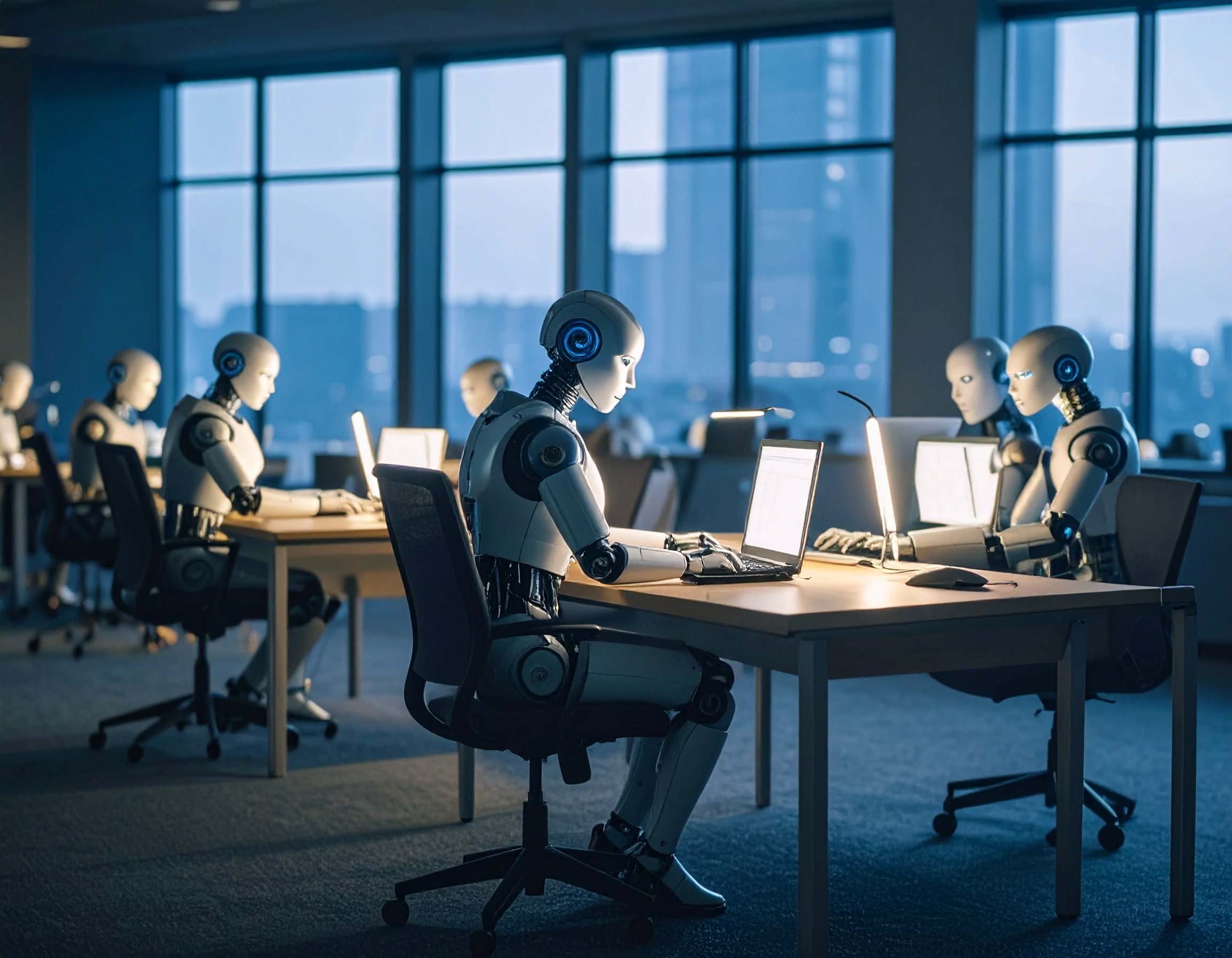 An AI-generated image in which lots of robots site in a gloomy room with tall windows. They are all copywriting.