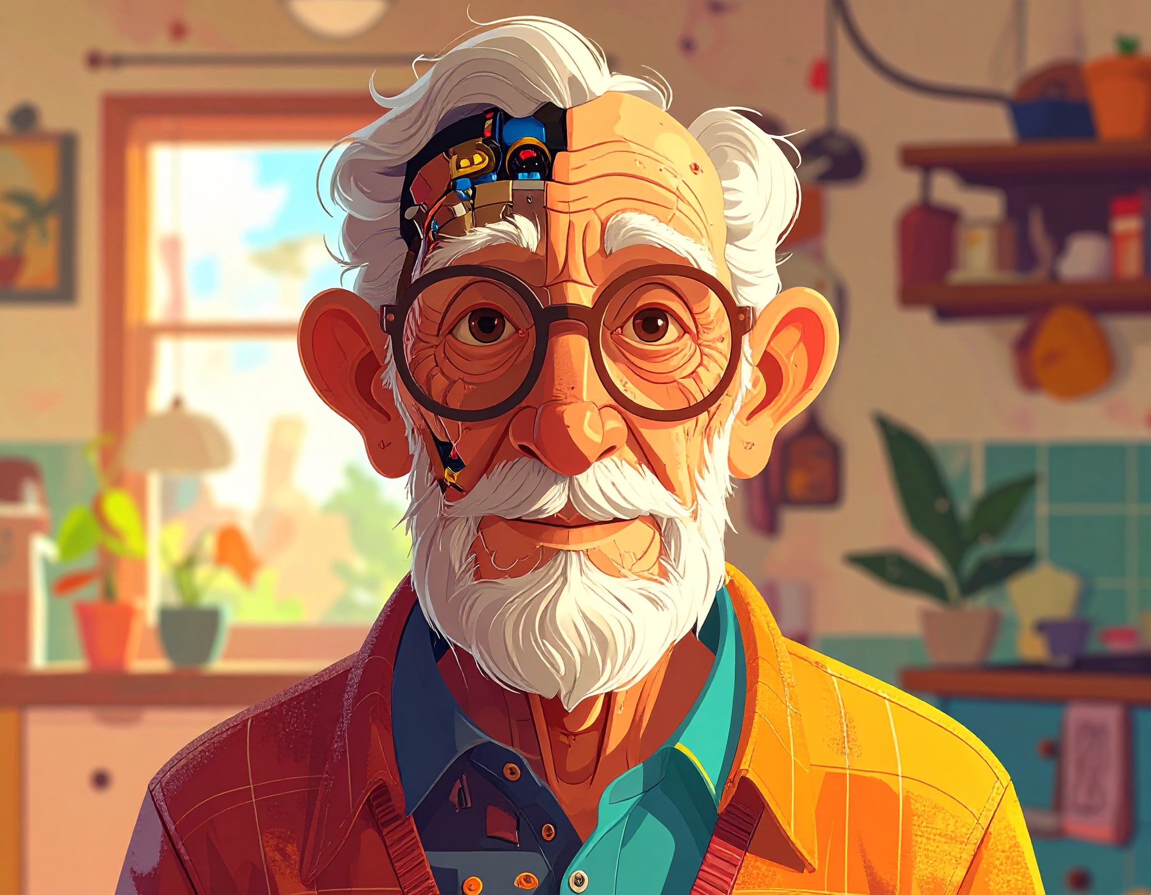 An image of a wise-looking elderly man with white hair and beard. He is wearing a green polo shirt and bright yellow cardigan. A cut-away section at the top left of his head shows that his brain has been replaced with robotics. He is standing in his kitchen at home.