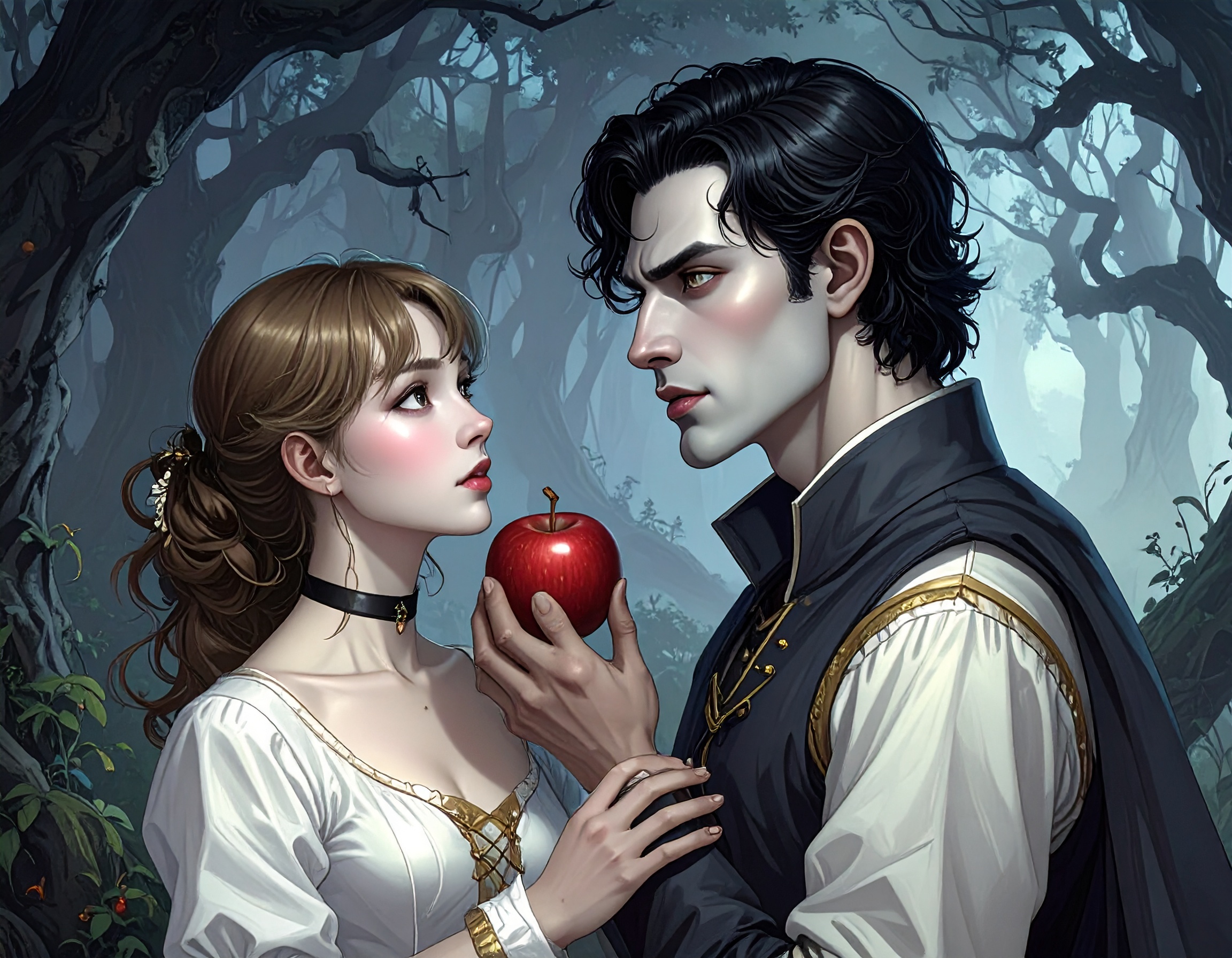 This image, which accompanies the post 'Dark romance and the ethics of freelance editing' is an AI-generated animated picture that shows a brooding young man offering an apple to a wide-eyed, slightly frightened young woman against a background of dark and mysterious forest.