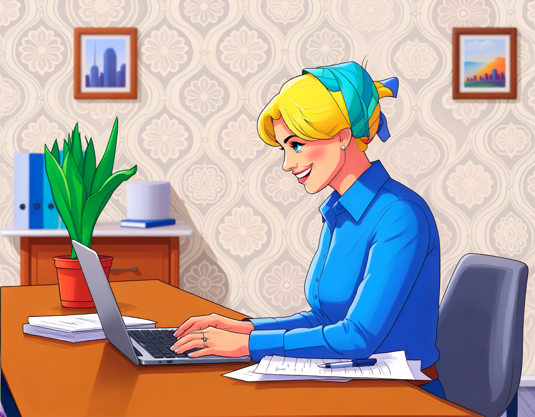 A blonde woman sits at a desk, where she edits AI slop on her laptop. She has blonde hair tied up with a brightly-coloured scarf. There are pictures on the walls and a pot plant on the desk beside her. The woman is smiling.