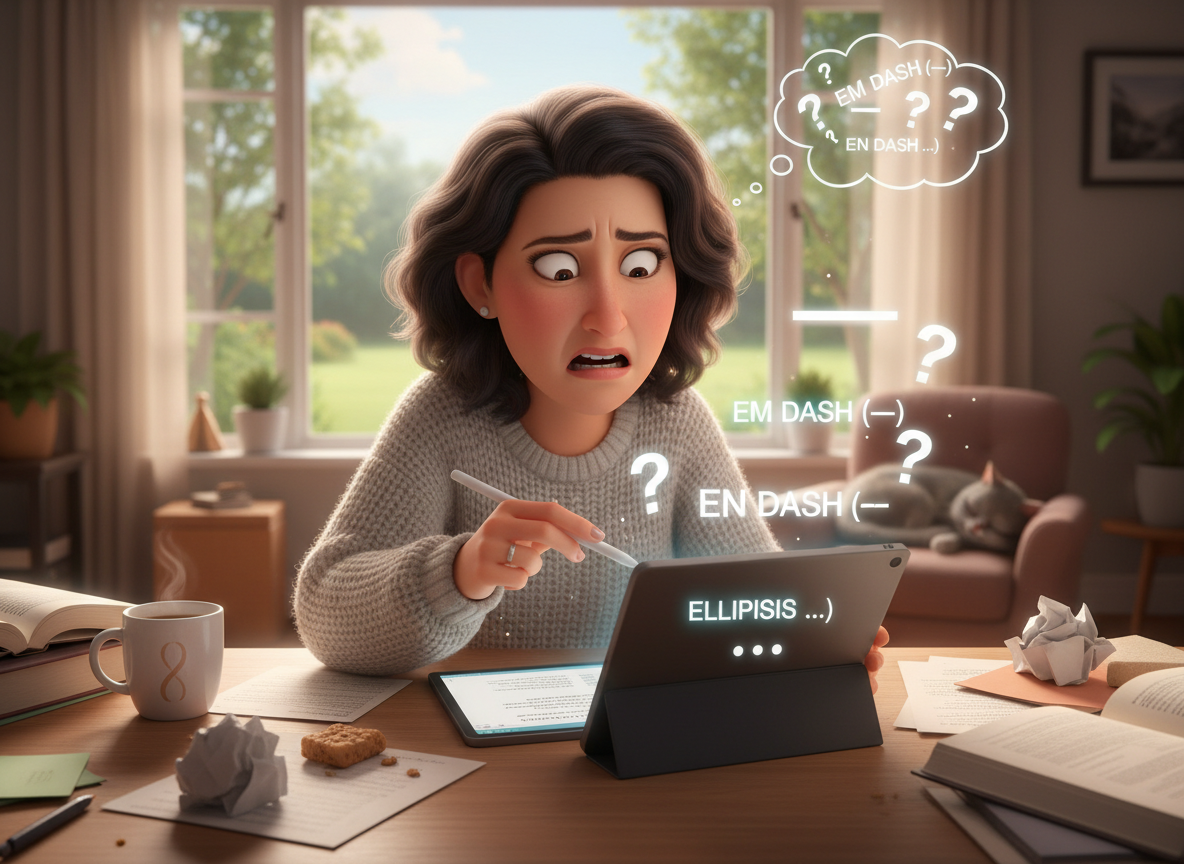 The picture shows a dark-haired woman looking at her computer in confusion. This writer needs a freelance editor to help her with em and en dashes.