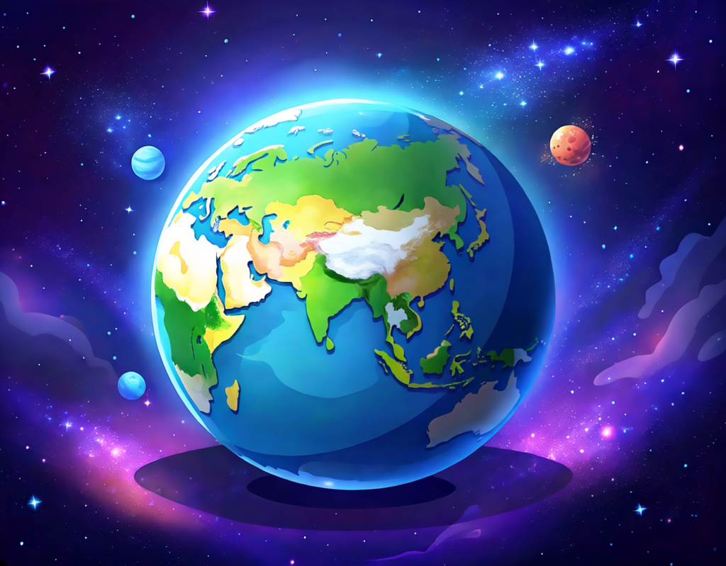 An animation-style image of the Earth as a globe, with Africa and Asia facing the viewer.